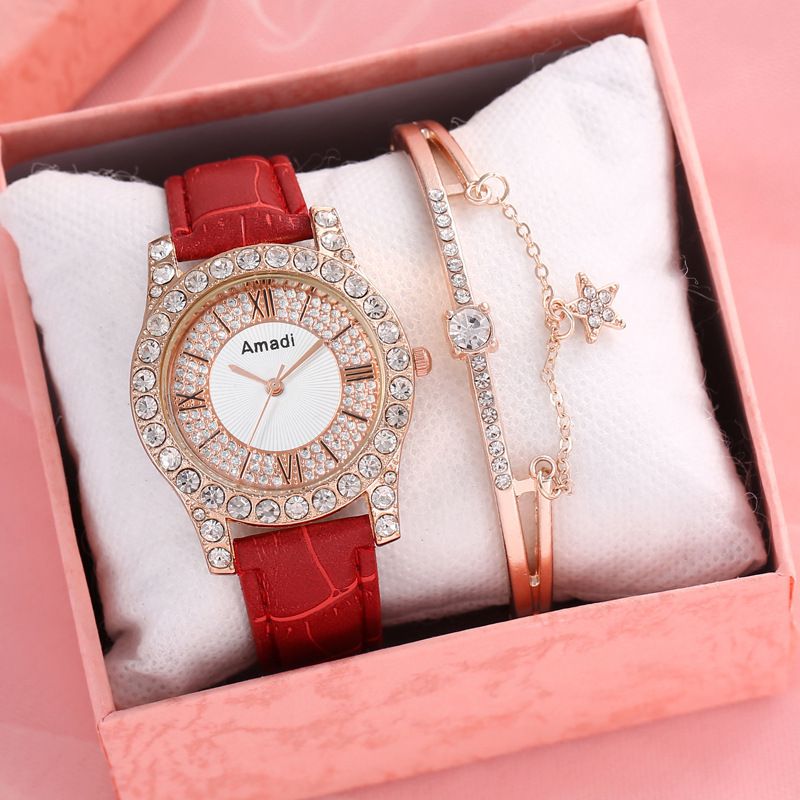 Fashion Red Watch + Star Love Bracelet + Box Stainless Steel Diamond Round Watch Bracelet Set