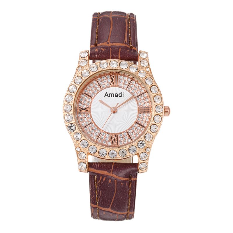 Fashion Brown Watch Stainless Steel Diamond Round Watch