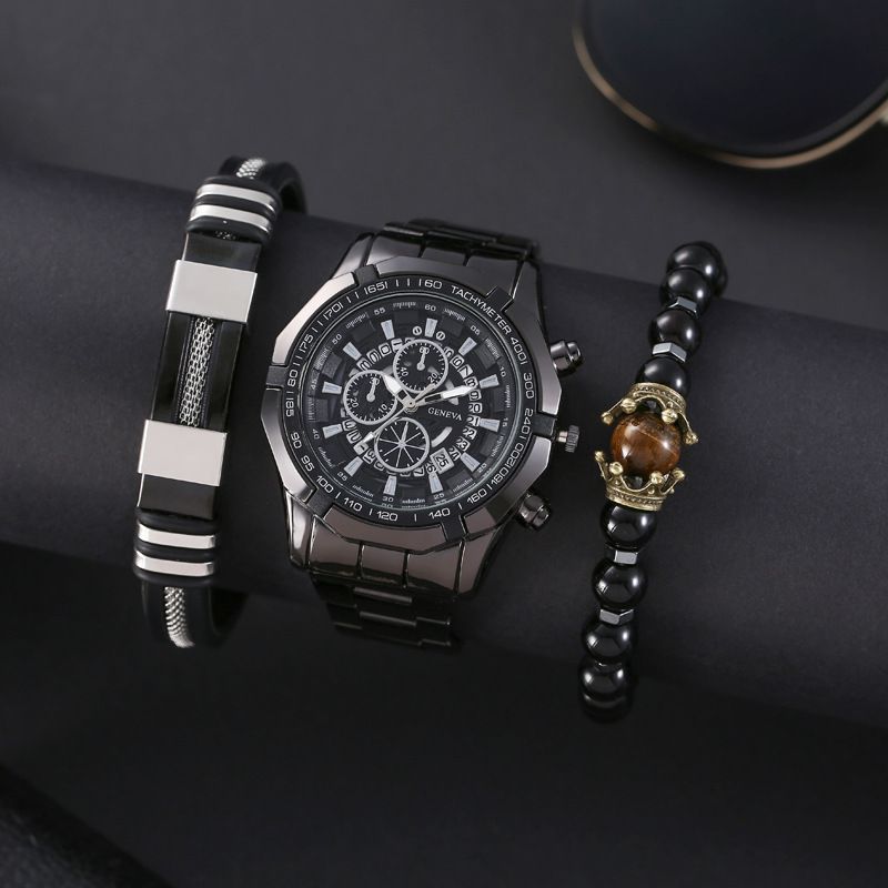 Fashion Black Watch + 2 Bracelets Stainless Steel Round Watch Bracelet Bracelet For Men Set