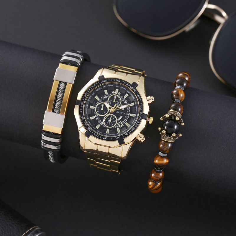 Fashion Gold Watch + 2 Bracelets Stainless Steel Round Watch Bracelet Bracelet For Men Set