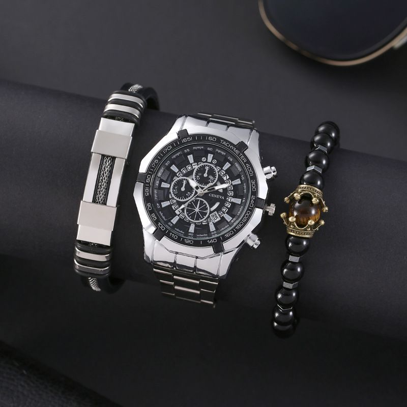 Fashion Silver Watch + 2 Bracelets Stainless Steel Round Watch Bracelet Bracelet For Men Set