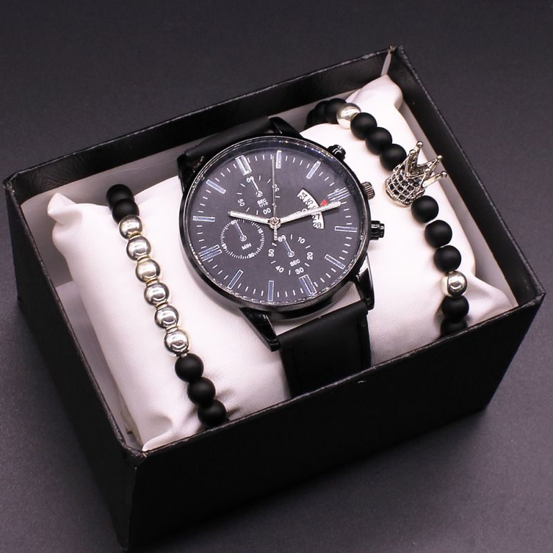 Fashion Black Shell Black Face Black Belt + Cylindrical Bracelet + Crown Bracelet + Gift Box Stainless Steel Round Watch Bracelet For Men Set