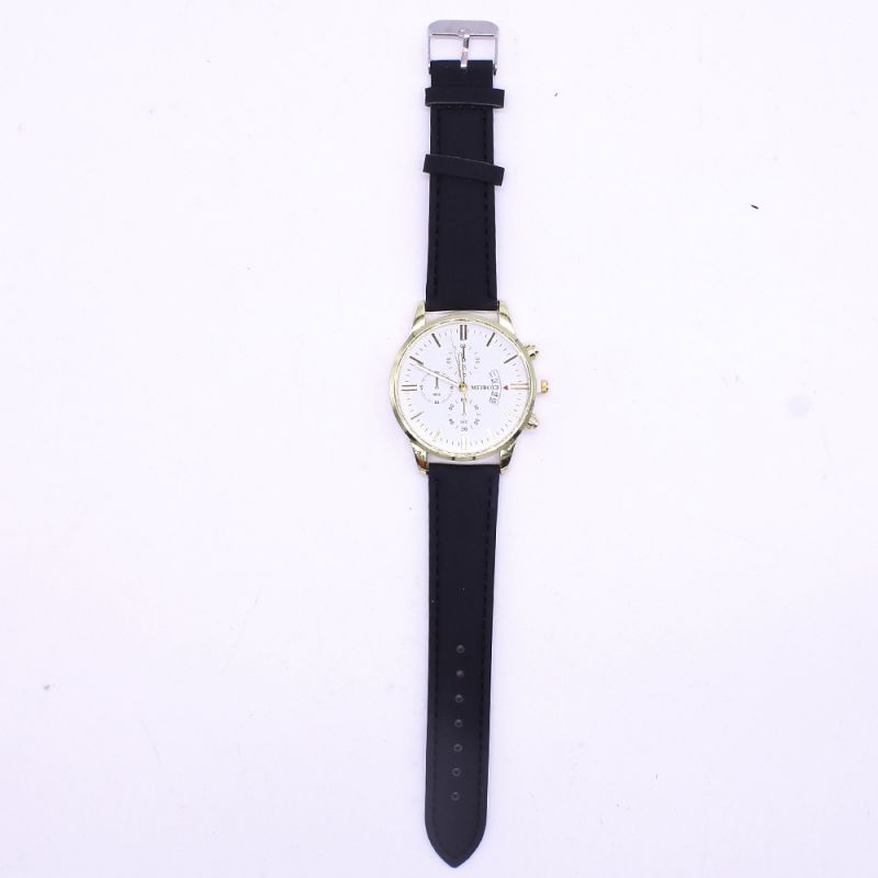 Fashion Gold Shell White Surface Black Belt Stainless Steel Round Mens Watch