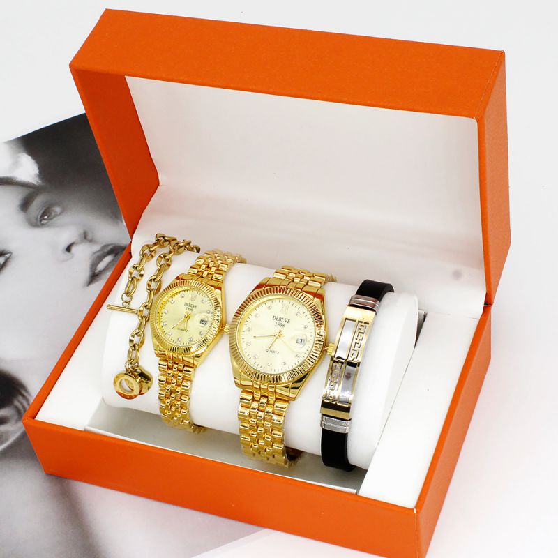 Fashion Mens Watch + Womens Watch + Bracelet + Bracelet + Box Stainless Steel Round Watch Bracelet Bracelet Set