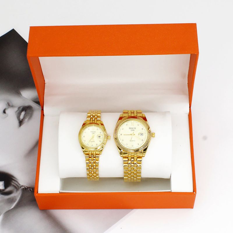 Fashion Mens Watch + Womens Watch + Box Two Stainless Steel Round Watches