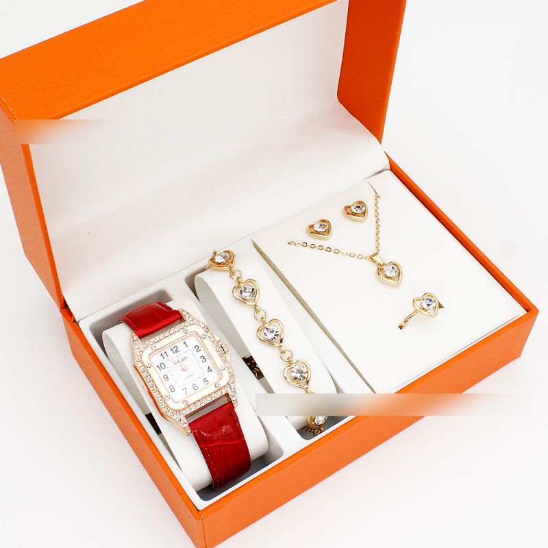 Fashion Red Watch + Love Bracelet Earrings Necklace Ring + Box Stainless Steel Square Watch Bracelet Necklace Earrings Ring Set