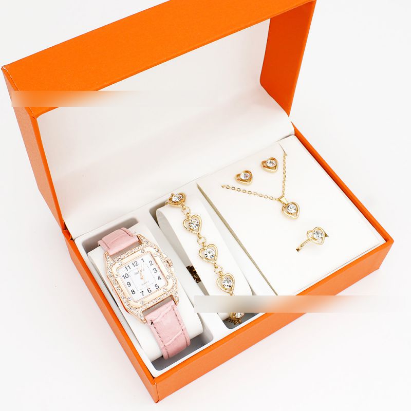 Fashion Pink Watch + Love Bracelet Earrings Necklace Ring + Box Stainless Steel Square Watch Bracelet Necklace Earrings Ring Set