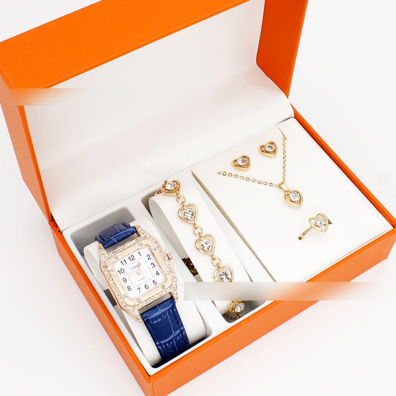 Fashion Blue Watch + Love Bracelet Earrings Necklace Ring + Box Stainless Steel Square Watch Bracelet Necklace Earrings Ring Set