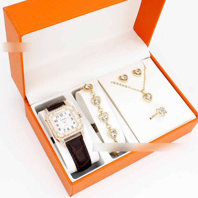 Fashion Brown Watch + Love Bracelet Earrings Necklace Ring + Box Stainless Steel Square Watch Bracelet Necklace Earrings Ring Set