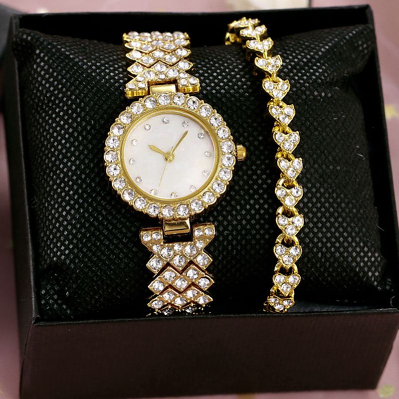 Fashion Gold Watch+gold Bracelet+box Stainless Steel Round Watch Bracelet Set