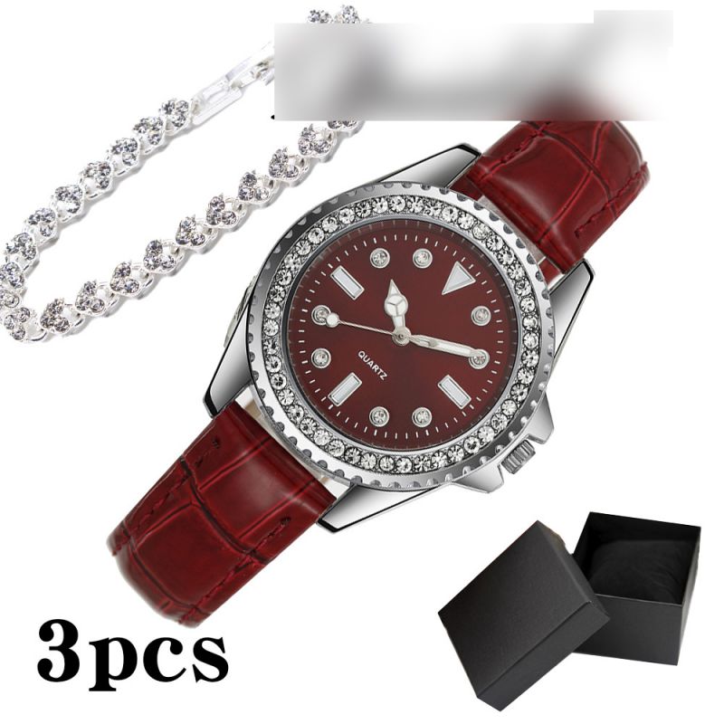 Fashion Red Watch+bracelet+gift Box Stainless Steel Round Watch Bracelet Set