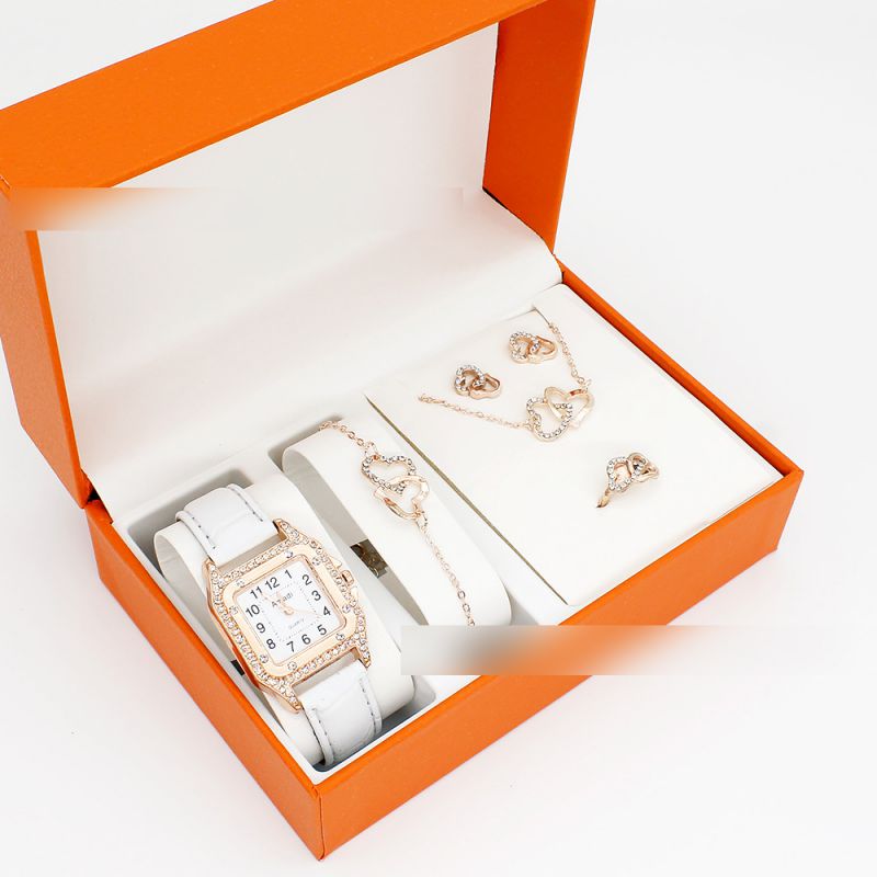Fashion White Watch + Double Heart Bracelet Earrings Necklace Ring + Box Stainless Steel Diamond Watch + Love Bracelet Necklace Earrings Ring Set