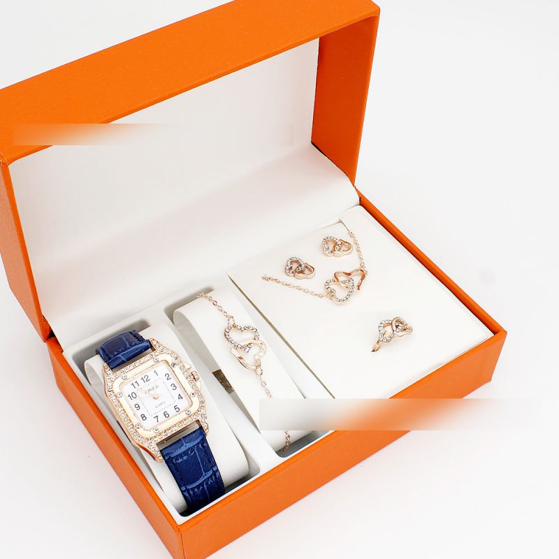 Fashion Blue Watch + Double Heart Bracelet Earrings Necklace Ring + Box Stainless Steel Diamond Watch + Love Bracelet Necklace Earrings Ring Set
