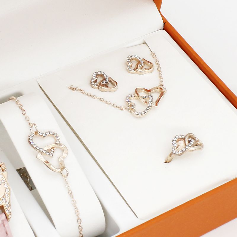 Fashion Double Heart Bracelet Earrings Necklace Ring Stainless Steel Diamond Love Bracelet Necklace Earrings Ring Set