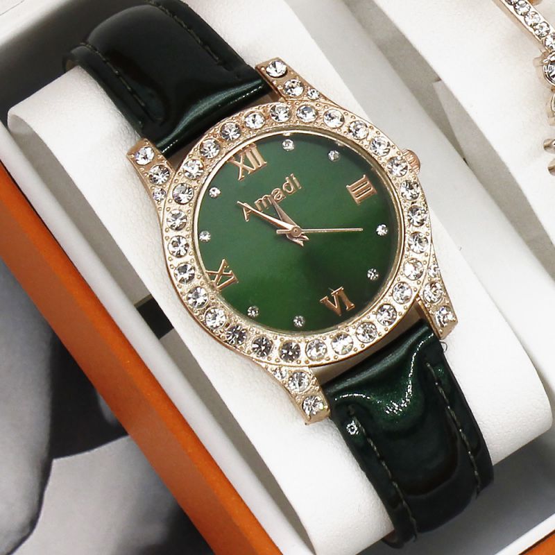 Fashion Green Watch/green Watch Fabric Stainless Steel Diamond Round Watch