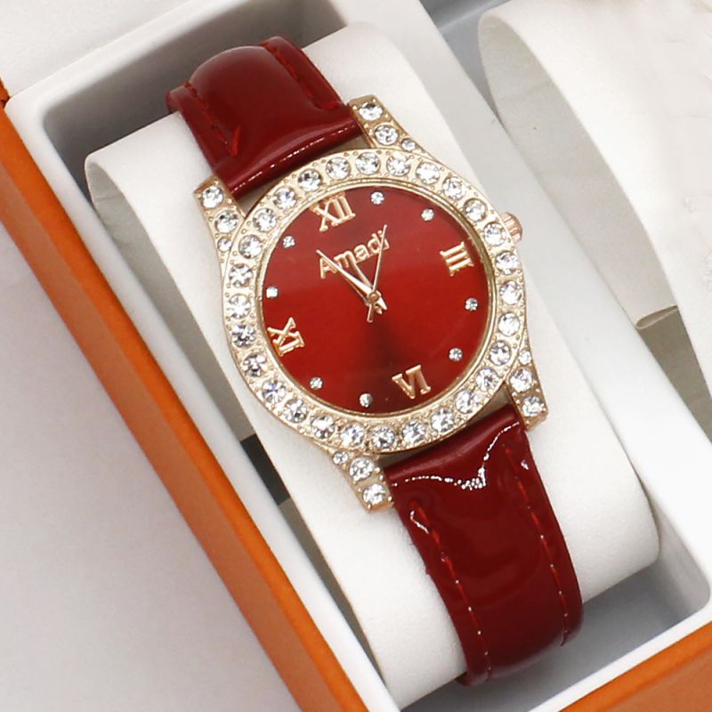 Fashion Red Watch/red Watch Fabric Stainless Steel Diamond Round Watch