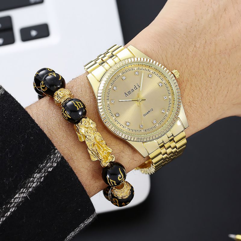 Fashion Gold Watch + Black Beads On Faucet Stainless Steel Round Watch Beaded Bracelet Mens Set
