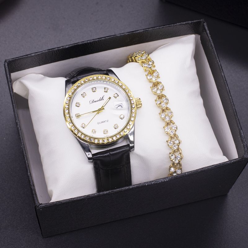 Fashion White Watch+bracelet+gift Box Stainless Steel Round Watch Diamond Bracelet Set