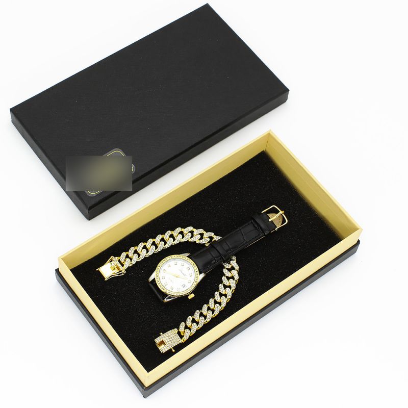 Fashion White Watch + Gold Bracelet + Gift Box Stainless Steel Round Watch Chain Bracelet Mens Set