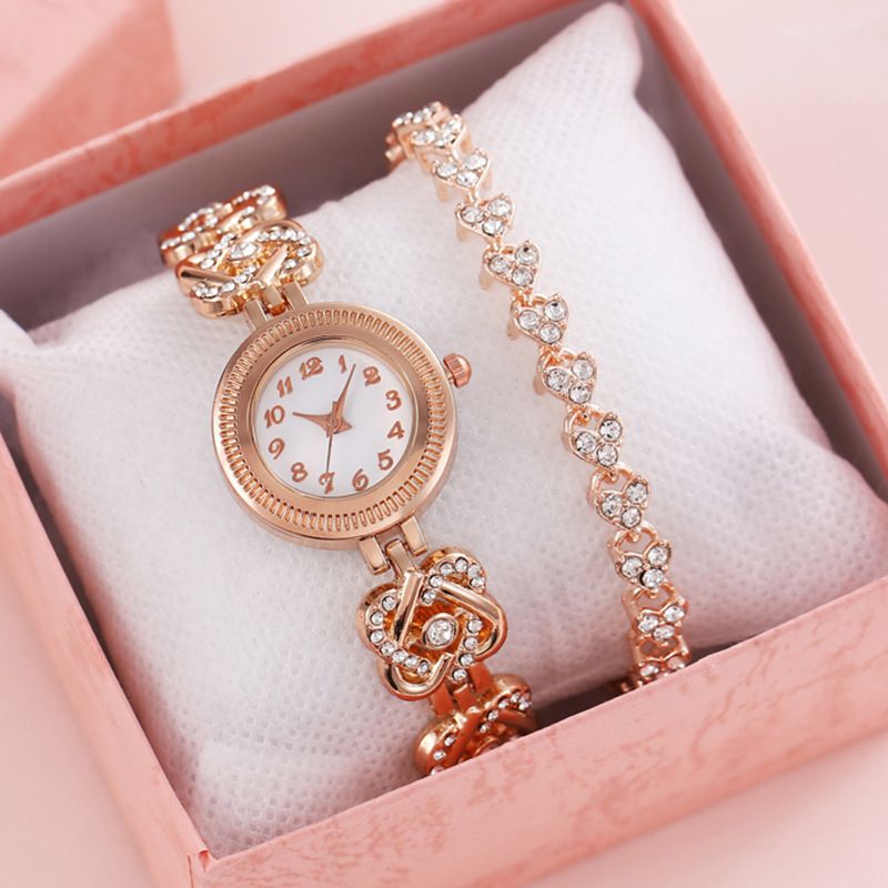 Fashion Rose Gold Watch+ribs Bracelet+gift Box Stainless Steel Round Watch Chain Bracelet Set