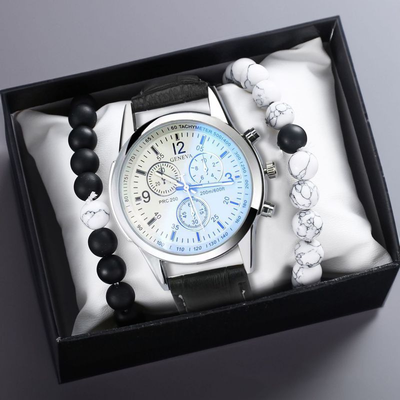 Fashion White Plate Black Belt Black Belt Watch + Black And White Double Beads + Box Stainless Steel Round Watch Beaded Bracelet Mens Set