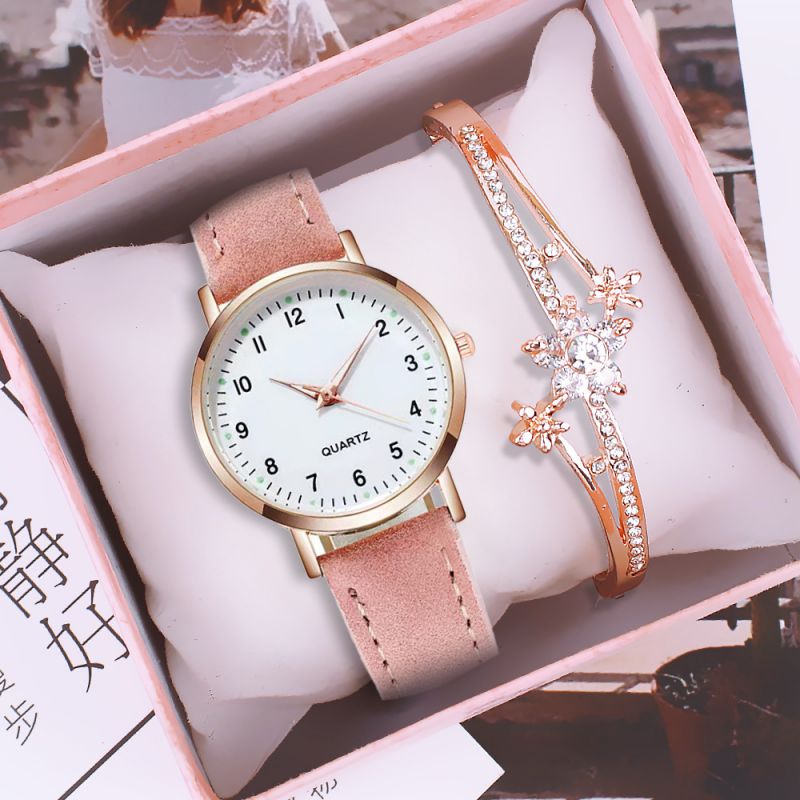 Fashion Pink Watch+bracelet+gift Box Stainless Steel Round Watch Diamond Starburst Bracelet Set