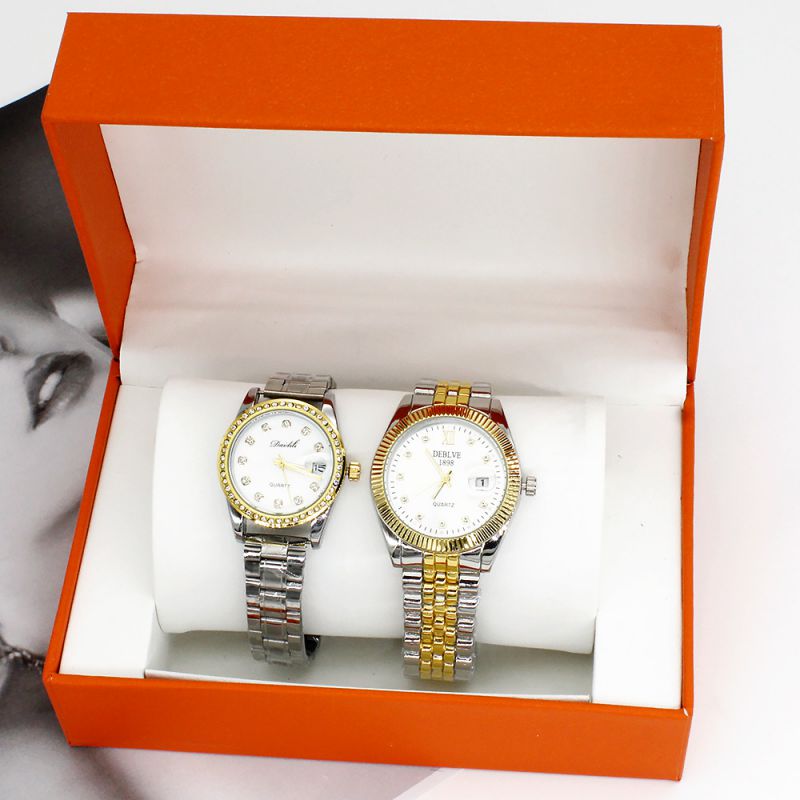 Fashion White-faced Men’s Watch + White-faced Women’s Watch + Box Two Stainless Steel Round Watches