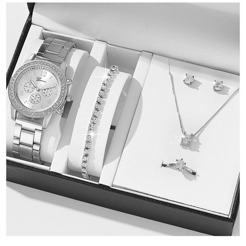 Fashion Silver Watch + Accessories + Gift Box Stainless Steel Round Watch Bracelet Necklace Earrings Ring Set