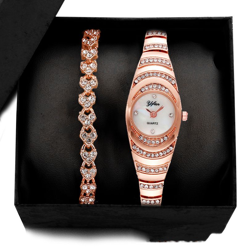 Fashion Rose Gold Watch + Rose Gold Ribs Bracelet + Box Stainless Steel Diamond Round Watch Bracelet Set