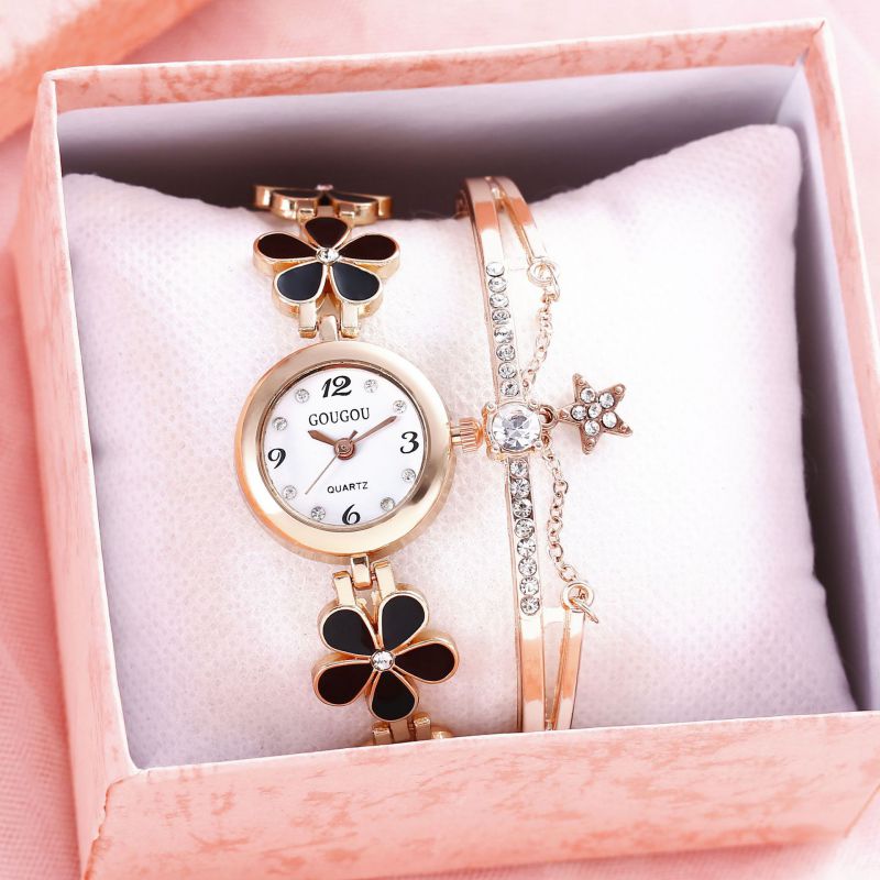 Fashion Black Watch+bracelet+box Stainless Steel Dripping Flower Round Watch Bracelet Set
