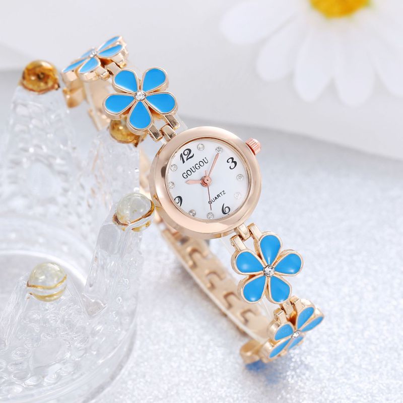 Fashion Blue Watch Stainless Steel Oil Dripping Flower Round Watch