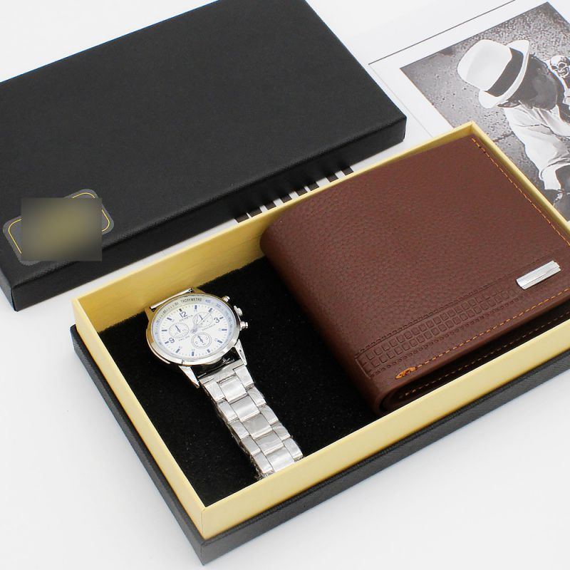 Fashion White Silver Watch + Brown Wallet + Gift Box Stainless Steel Round Watch Wallet Mens Set