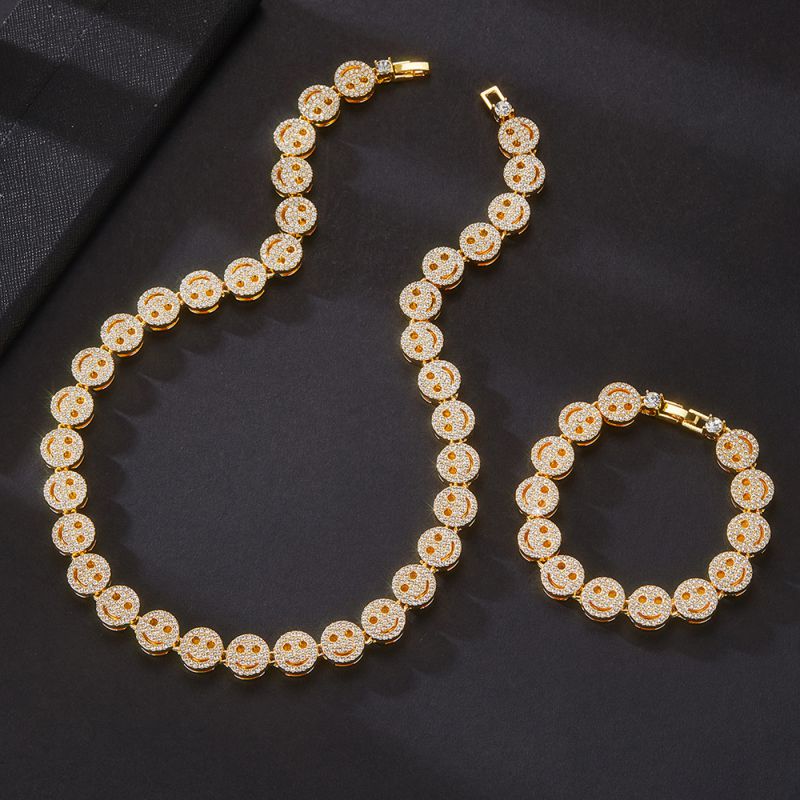 Fashion Golden Smiley Cuban Chain Alloy Diamond Smiley Necklace Bracelet Set For Men