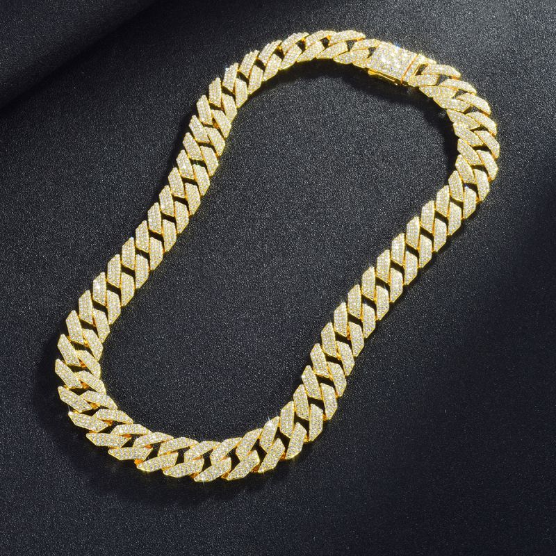 Fashion Gold 14mm Bar Cuban Chain Geometric Diamond Chain Necklace For Men