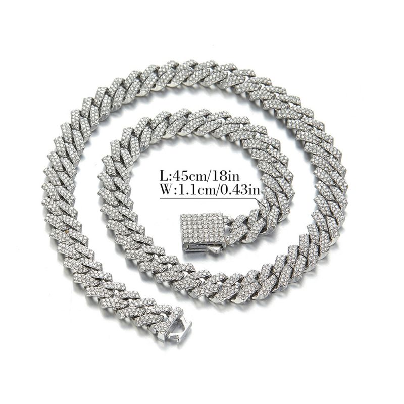 Fashion Silver 11mm Bar Cuban Chain Alloy Diamond Chain Necklace For Men