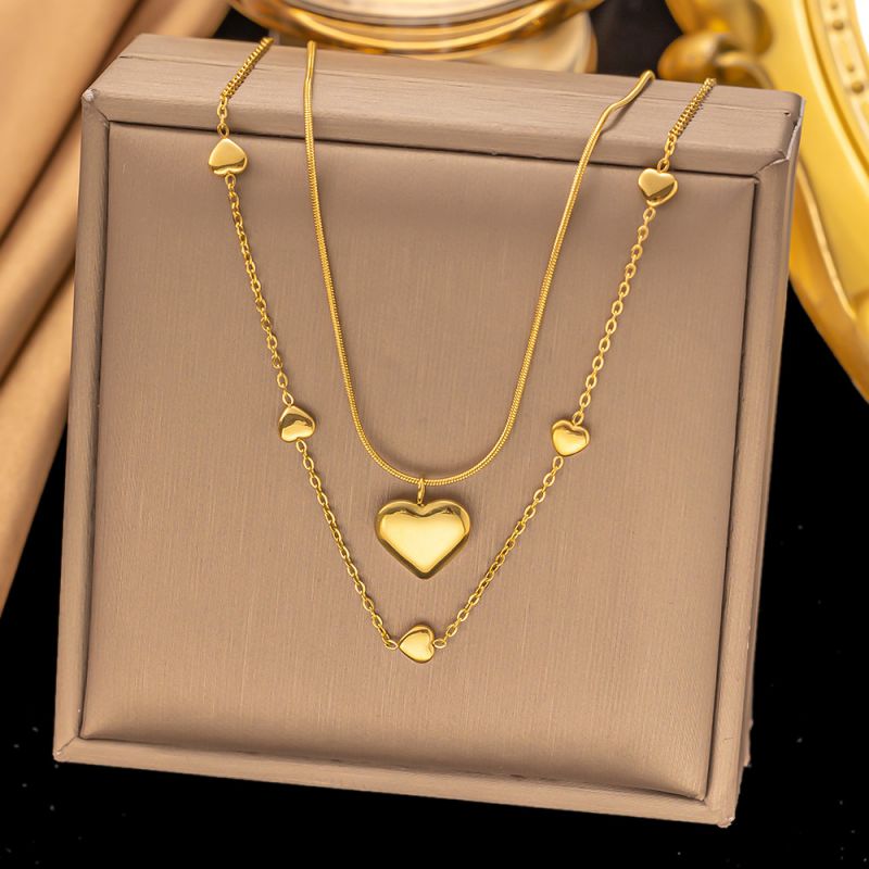 Fashion Gold Titanium Steel Geometric Love Double Layer Necklace