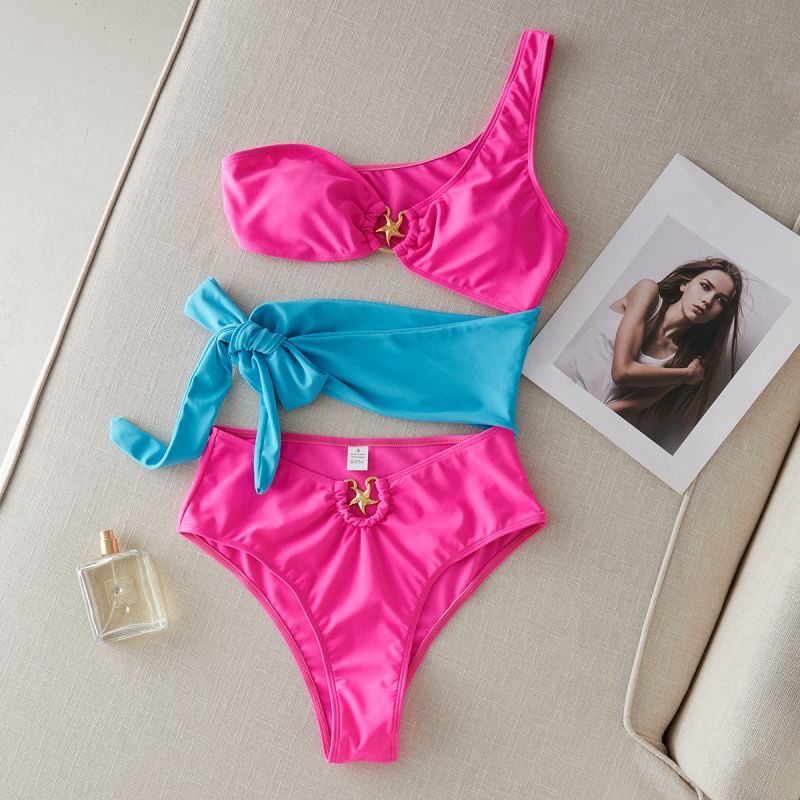 Fashion Rose Pink + Blue Polyester Color Block Hollow One Piece Swimsuit