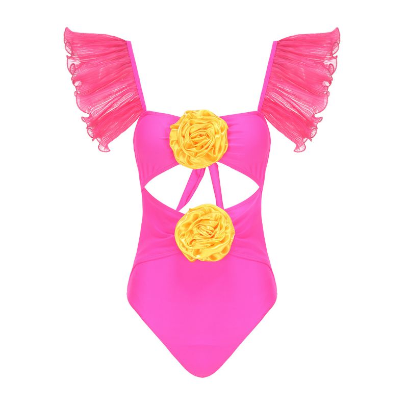 Fashion Rose Pink + Yellow Flower Mesh Ruffled One-piece Swimsuit