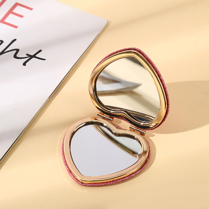Fashion Pink Love-shaped Golden Inner Frame + Bubble Bag Glitter Love Flip Pocket Mirror