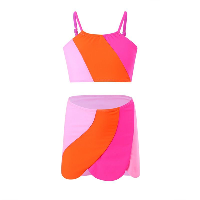 Fashion Pink Orange Powder Nylon Contrast Color Childrens Three-piece Swimsuit Set