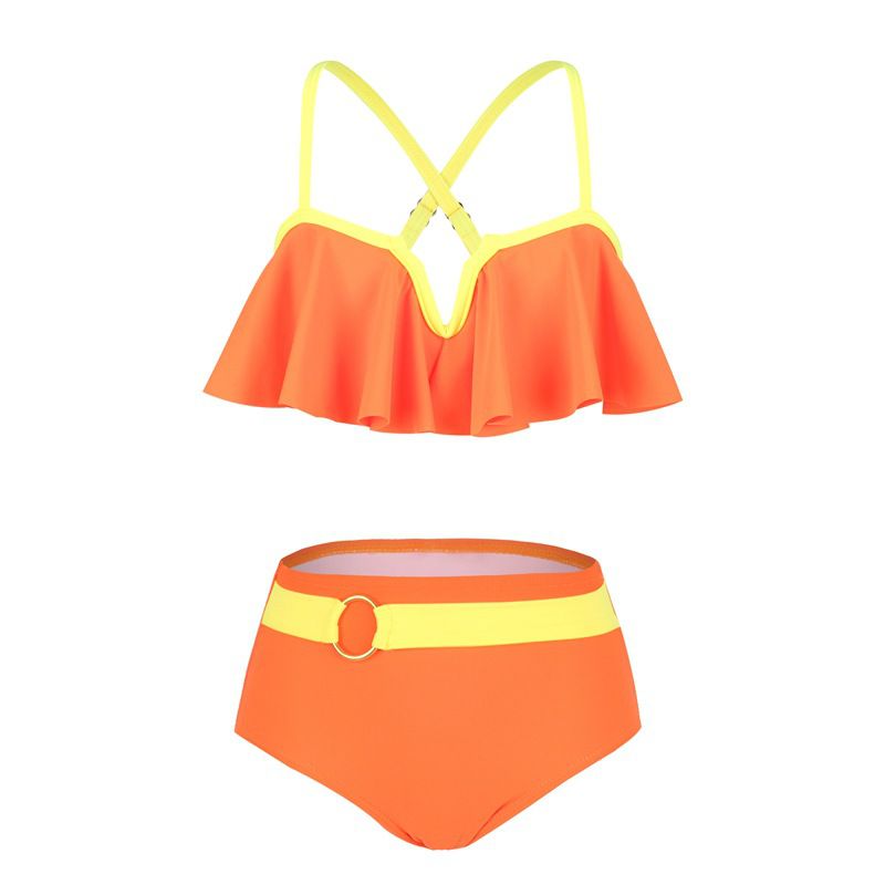 Fashion Orange Color Nylon Lace Color Block Childrens One-piece Swimsuit