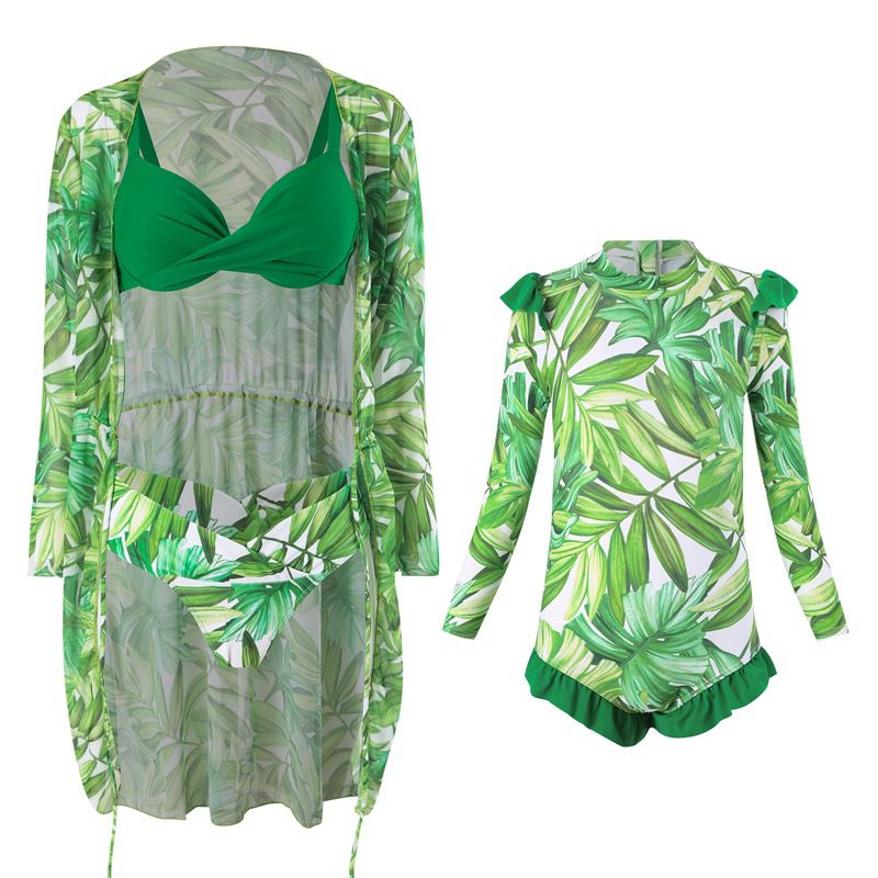 Fashion Green 2 Polyester Printed Childrens One-piece Swimsuit + Adult Split Swimsuit Bikini Three-piece Set