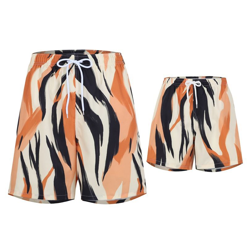 Fashion Dark Striped Beach Shorts Polyester Printed Lace-up Parent-child Swimming Trunks