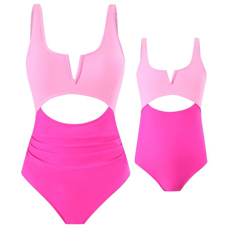 Fashion Magenta Polyester Color Block Hollow Parent-child One-piece Swimsuit