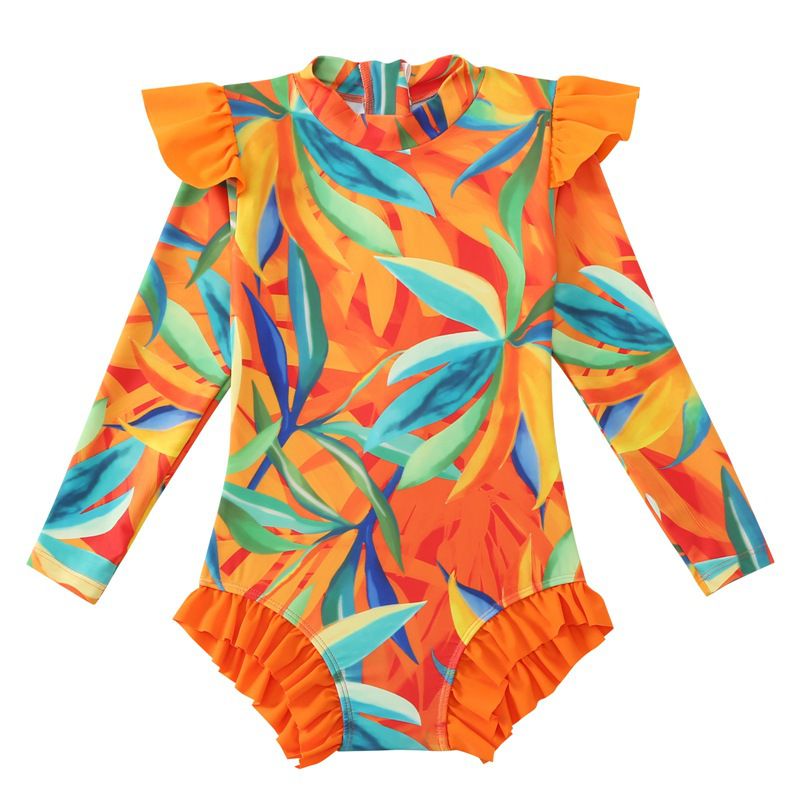 Fashion Orange Leaves Polyester Printed Childrens One-piece Swimsuit