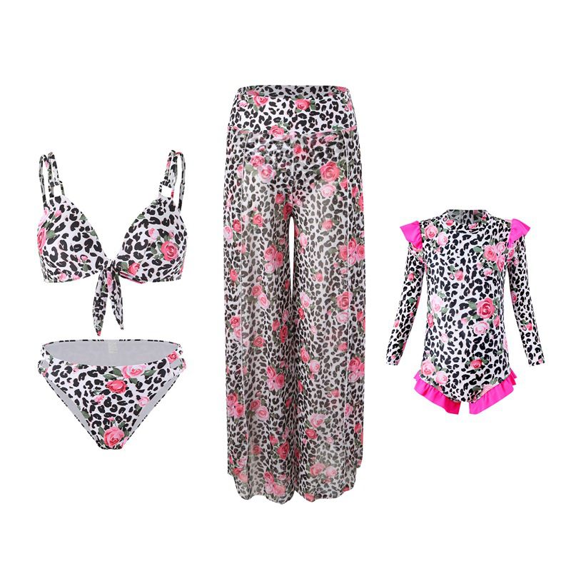 Fashion Leopard Print Three-piece Suit For Adults Polyester Printed Mesh Trousers Parent-child Split Swimsuit Three-piece Set
