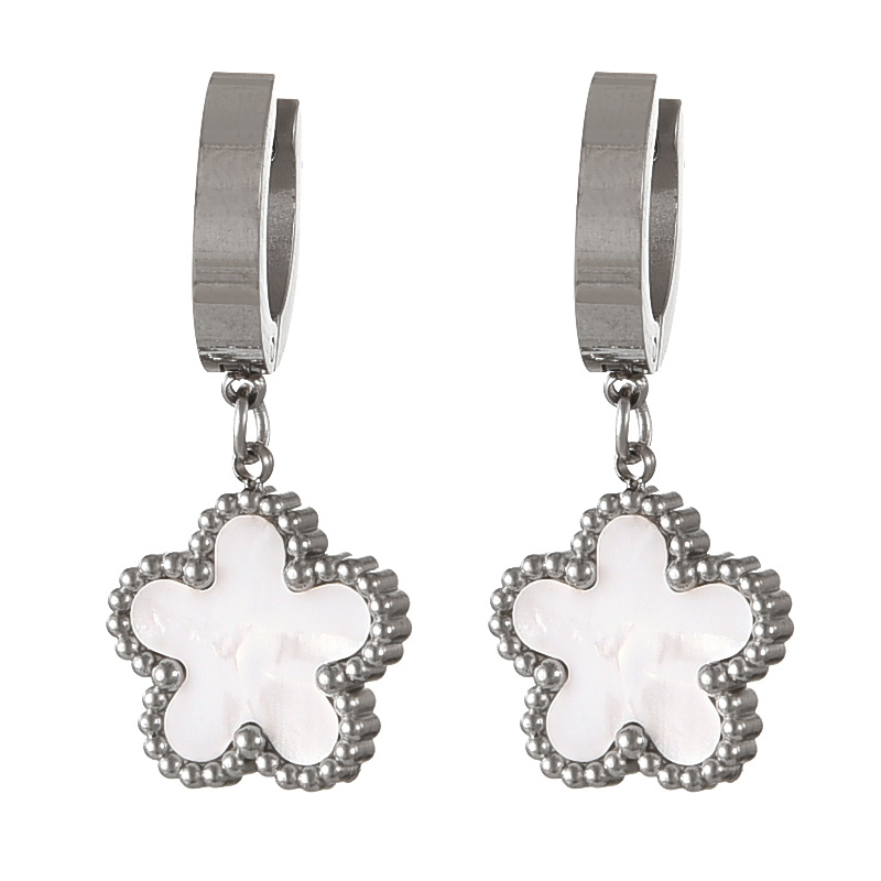 Fashion Silver+white Titanium Steel Shell Flower Earrings