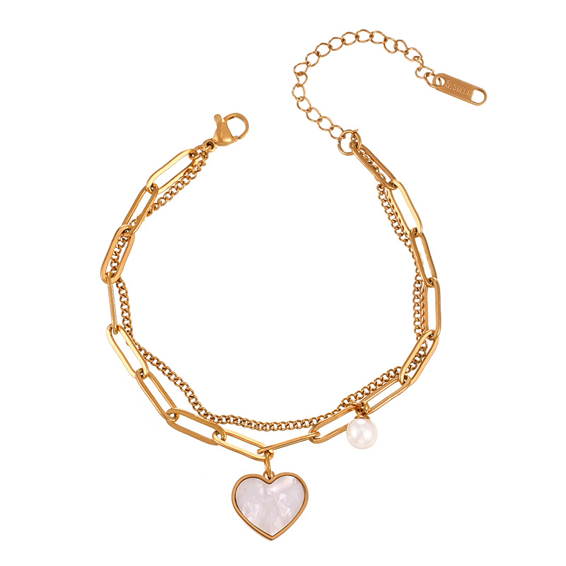 Fashion Gold Double Layer Titanium Steel Shell Love Pendant Pearl Bracelet