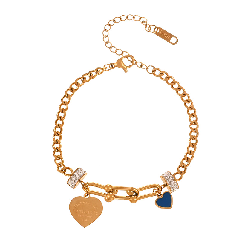 Fashion Gold Titanium Steel Inlaid With Zirconium Oil Drop Love Pendant Thick Chain Bracelet