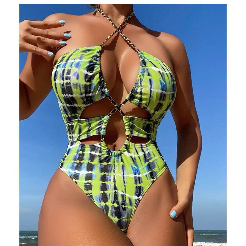 Fashion Green Spandex Crossover Halterneck Printed Cutout One-piece Swimsuit